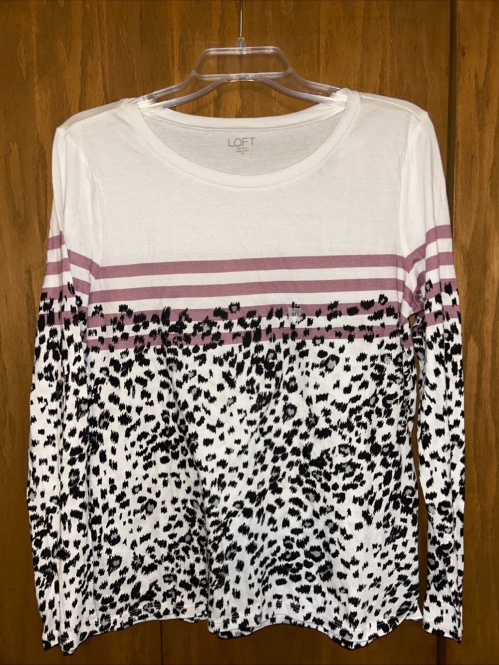 LOFT White Long Sleeve Top with Black Leopard Print and Mauve Stripes